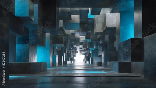 Futuristic concrete cubic block tunnel. Generative AI.