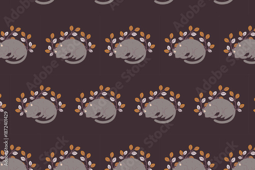 Seamless cat pattern with autumn leaves, swatch available in swatches panel, cute sleeping cats on dark background
