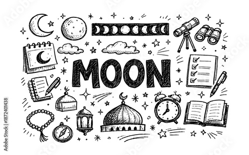 Doodle illustration of moon phases, astronomy tools, and Islamic symbols
