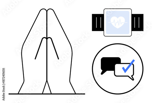 Folded hands symbolize prayer or connection, smartwatch with heart signifies health monitoring, and chat bubbles with checkmark highlight communication. Ideal for wellness, health, mindfulness