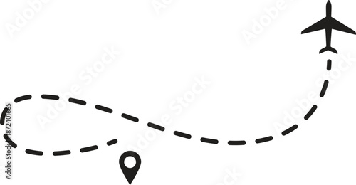 Line with plane icon for travel and flight trip, air map. Dashed route with dots and trace for airport plan or destination background. 