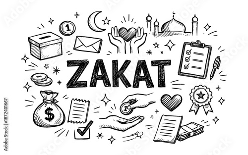 Doodle illustration of Zakat concept with Islamic symbols and charity elements