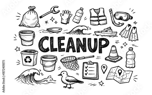 Doodle illustration of various items for environmental cleanup and marine rescue efforts
