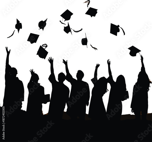 Graduation celebration silhouettes, students throwing caps, academic success, education achievement, university commencement ceremony, joyful graduates, black vector illustration