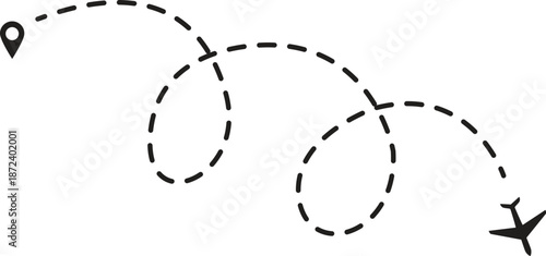 Line with plane icon for travel and flight trip, air map. Dashed route with dots and trace for airport plan or destination background. 
