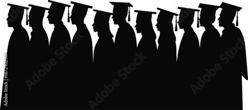 Graduation ceremony silhouettes, graduates standing in row, academic achievement, education success, university commencement, black vector illustration, isolated