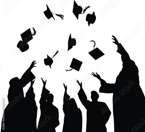 Graduation celebration silhouettes, students tossing caps upward, academic success moment, education achievement, university commencement ceremony, black vector illustration