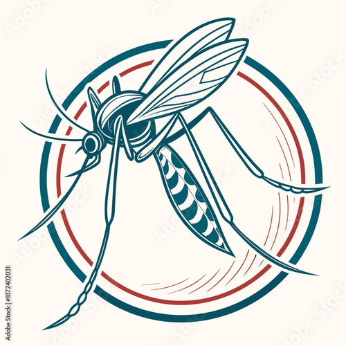 A detailed vector illustration of a mosquito in a circular design with red and blue lines on a white background