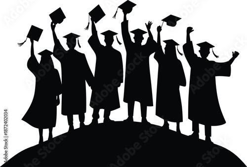 Graduation silhouettes celebration, students raising caps, academic success, education achievement, university commencement ceremony, happy graduates vector illustration