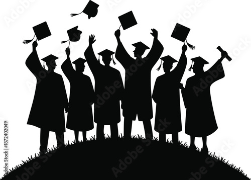 Graduation celebration silhouettes, students tossing caps, academic success, education achievement, university ceremony, happy graduates vector illustration, isolated black
