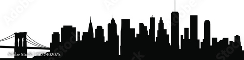 New York City skyline silhouette, urban skyscrapers panorama, Brooklyn Bridge, modern downtown cityscape vector illustration, isolated black design