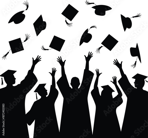 Graduation celebration silhouettes, students throwing caps, academic success, education achievement, university commencement, happy graduates, black vector illustration, isolated