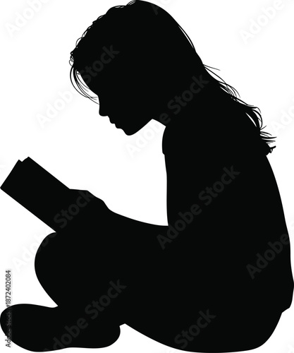 Woman reading book silhouette, seated female profile, education, learning, literature concept, peaceful moment, black vector illustration, isolated
