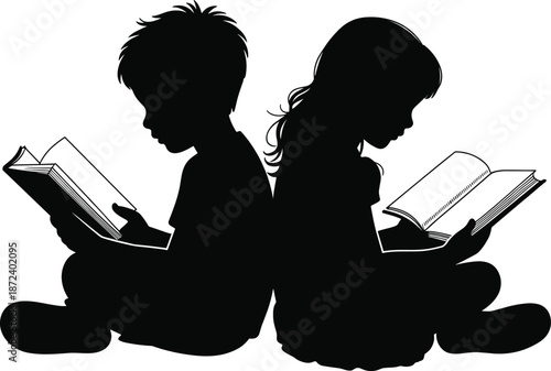 Children reading books silhouettes, boy and girl studying together, education learning concept, childhood literacy, black vector illustration, isolated