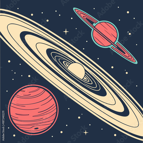 A vibrant vector illustration of planets and stars in a stunning celestial scene with a large ringed planet