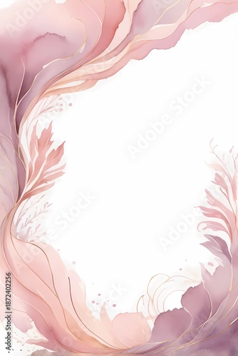 Watercolor Surrealism frame in light and dark pink tones with delicate leaves for romantic designs on isolated background, with copy space