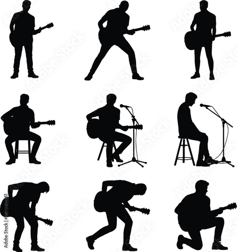Guitarist silhouette set, acoustic musician playing guitar poses, live music performance isolated white background illustration