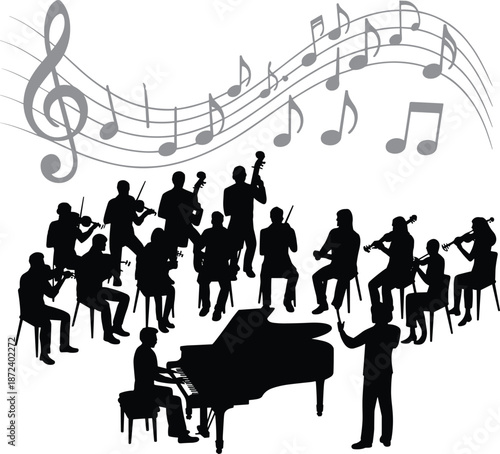 Classical orchestra silhouette, symphony musicians performing, conductor and pianist, elegant music ensemble illustration, vector, concert, art, design, poster