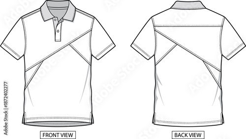 Short sleeve polo shirt technical sketch, diagonal seam fashion flat, collar placket design, garment construction template, vector illustration