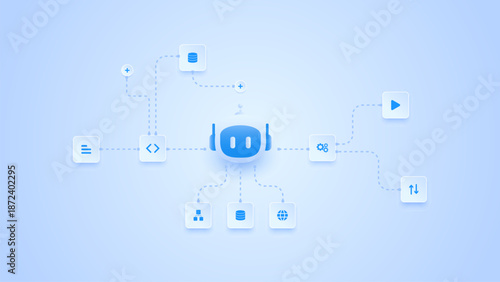 AI workflow automation artificial intelligence. ai agent network diagram connecting text input, coding, database, ai model and automation system.