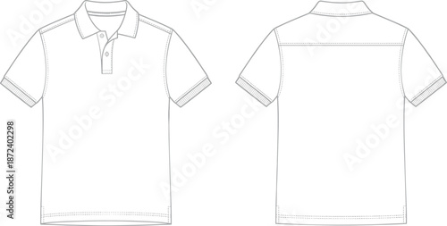 Short-sleeve polo shirt technical sketch, front and back view, button placket, shoulder yoke, vector fashion illustration