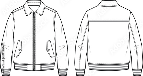 Collared zip-up jacket technical sketch, front and back view, flap pockets, ribbed cuffs, striped hem, vector illustration