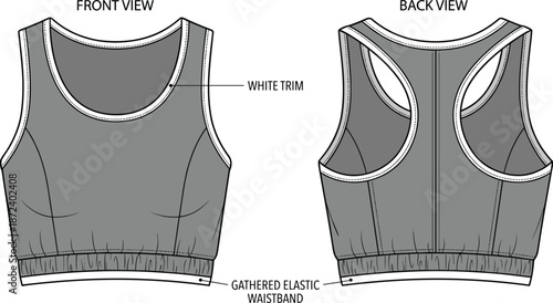 Cropped athletic tank top technical sketch, front and back view, racerback, scoop neck, elastic hem, vector illustration