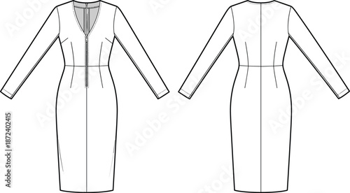 Fitted long sleeve dress technical sketch, V-neck zipper front, tailored fashion flat, garment construction template, vector illustration
