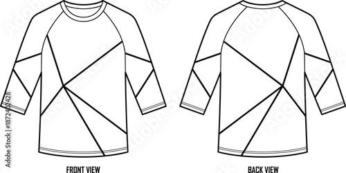 Geometric panel shirt technical sketch, front and back view, 3/4 sleeve, round neck, polygon seam design, vector illustration