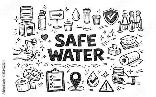 Doodle illustration promoting safe water and hygiene practices with icons