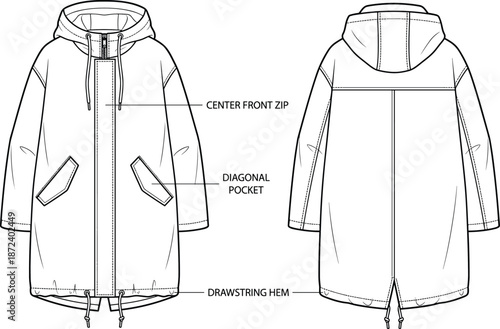 Hooded coat technical sketch, front and back view, center zip, diagonal pockets, drawstring hem, flat vector illustration