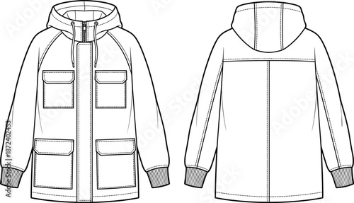 Hooded utility jacket technical sketch, front and back view, flap pockets, zip closure, ribbed cuffs, vector illustration