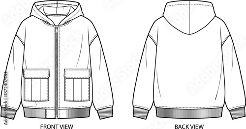 Hooded zip-up jacket technical sketch, front and back view, flap patch pockets, ribbed cuffs and hem, vector illustration