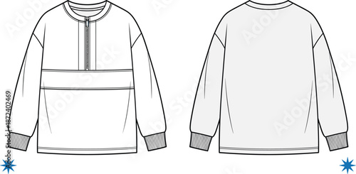 Long-sleeve pullover technical sketch, front and back view, chest zipper, ribbed cuffs, round neck, vector illustration
