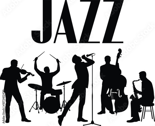 Jazz band silhouette illustration, with musicians performing live music isolated on white background design poster