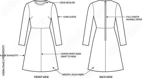 Long sleeve A-line dress technical sketch, front and back view, crew neck, invisible zipper, flat vector illustration