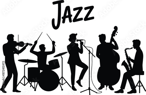 Jazz band silhouette illustration, with musicians performing live music isolated on white background design poster