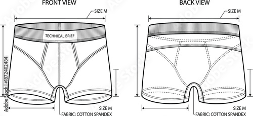 Men’s cotton spandex brief technical sketch, front and back view, ribbed waistband, contour seams, flat vector illustration