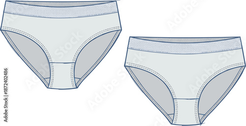 Men’s panel brief technical sketch, front and back view, elastic waistband, fabric contrast zones, flat vector illustration
