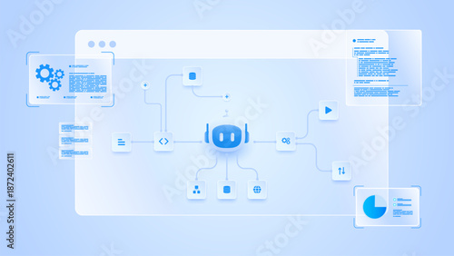 AI workflow automation artificial intelligence. ai agent workflow diagram dashboard machine learning showing node input, processing module, analytics panel and process flow.