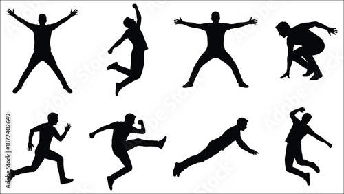Active man silhouettes set showing jumping running and parkour moves
