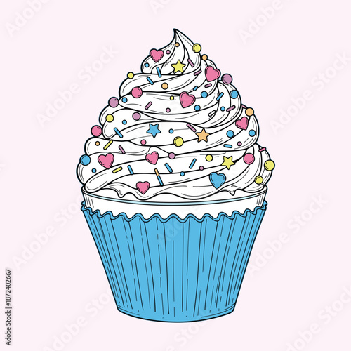 Valentine Cupcake Clipart – Cute Sprinkle Cupcake with Hearts and Stars, Blue Wrapper
