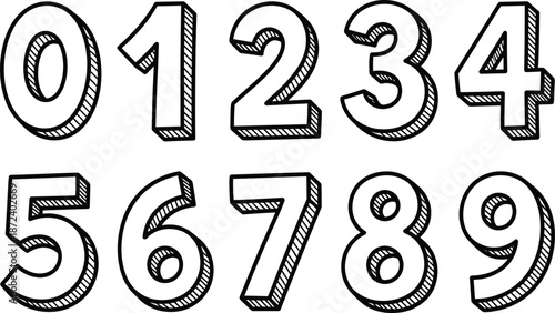 Hand drawn vector number set in 3D doodle sketch style
