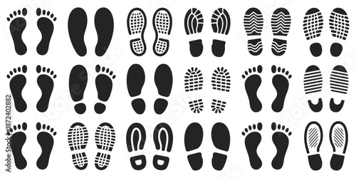 Extensive array of barefoot and footwear impressions, perfect for symbolizing human presence, movement, or detective work in a graphic design context
