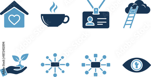 Set of various blue and black icons on for business and social concepts