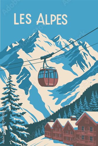 Vintage poster featuring the breathtaking scenery of Les Alpes, with a ski lift ascending a snow-covered mountain and charming chalets below
