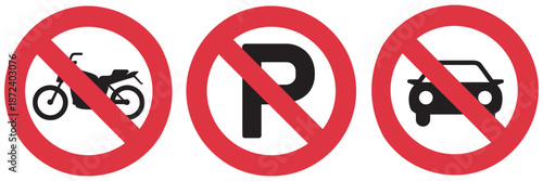 Essential set of universal traffic prohibition signs no motorcycles, no parking, and no vehicles allowed, crucial for road safety and urban management