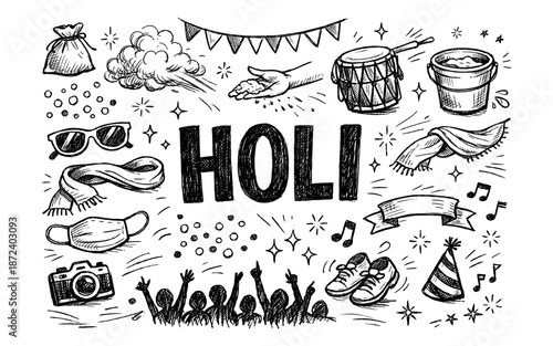 Hand drawn doodle illustration of Holi festival elements and celebration items