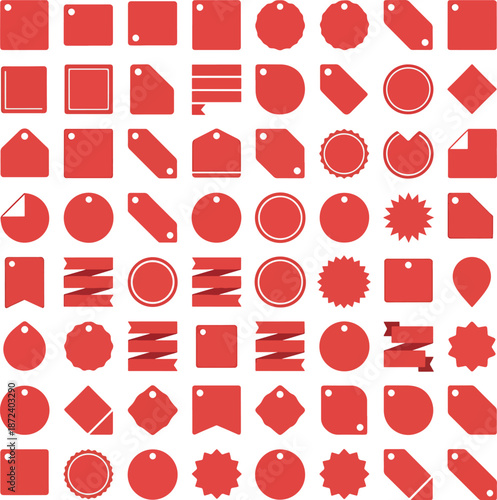 Collection of various red price tag shapes with holes on a white background also transparent background