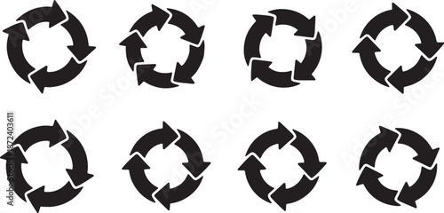Eight black circular arrow symbols with different arrowhead styles arranged in two rows of four also transparent background